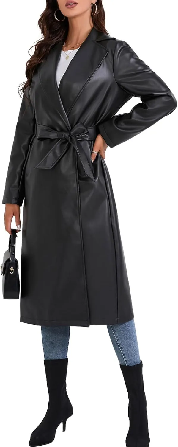 SEMATOMALA Women's Black Faux Leather Long Coat PU Leather Notched Lapel Trench Coat Open Front Maxi Jacket Overcoat