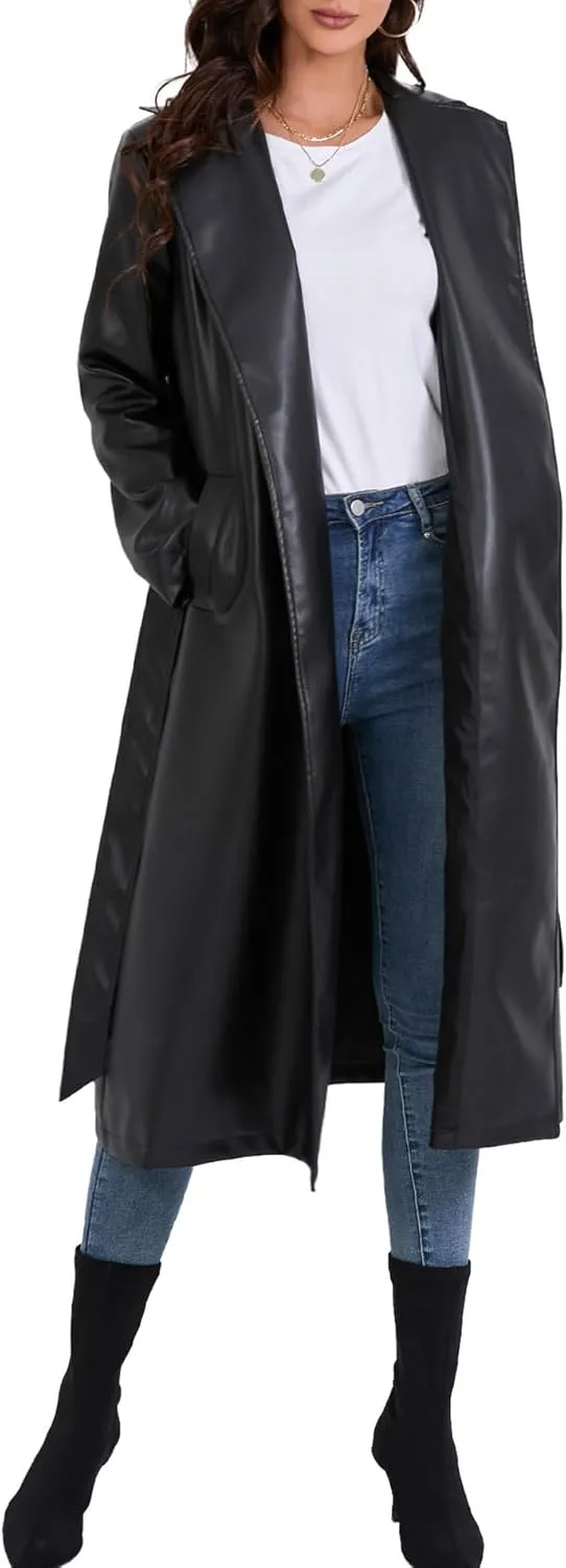 SEMATOMALA Women's Black Faux Leather Long Coat PU Leather Notched Lapel Trench Coat Open Front Maxi Jacket Overcoat