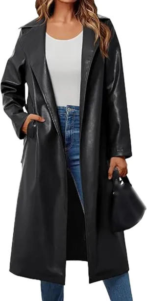 SEMATOMALA Women's Black Faux Leather Long Coat PU Leather Notched Lapel Trench Coat Open Front Maxi Jacket Overcoat