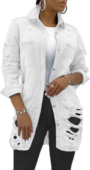 sexycherry Denim Jacket for Women Long Sleeve Classic Trucker Jeans Long Coat Outwear with Pockets