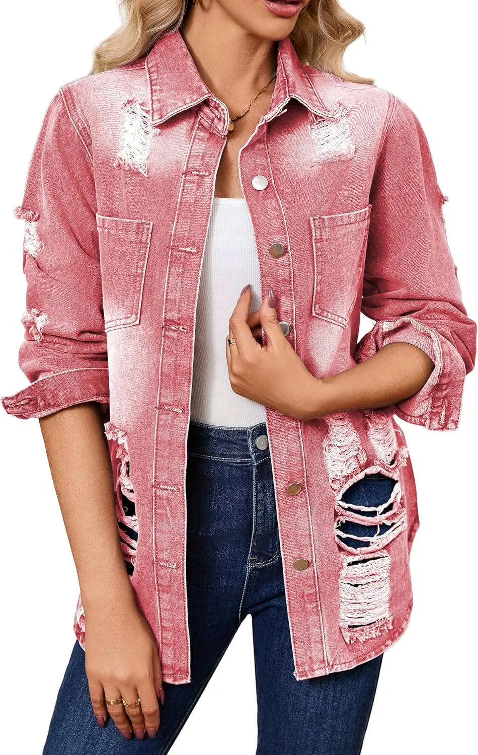 sexycherry Denim Jacket for Women Long Sleeve Classic Trucker Jeans Long Coat Outwear with Pockets