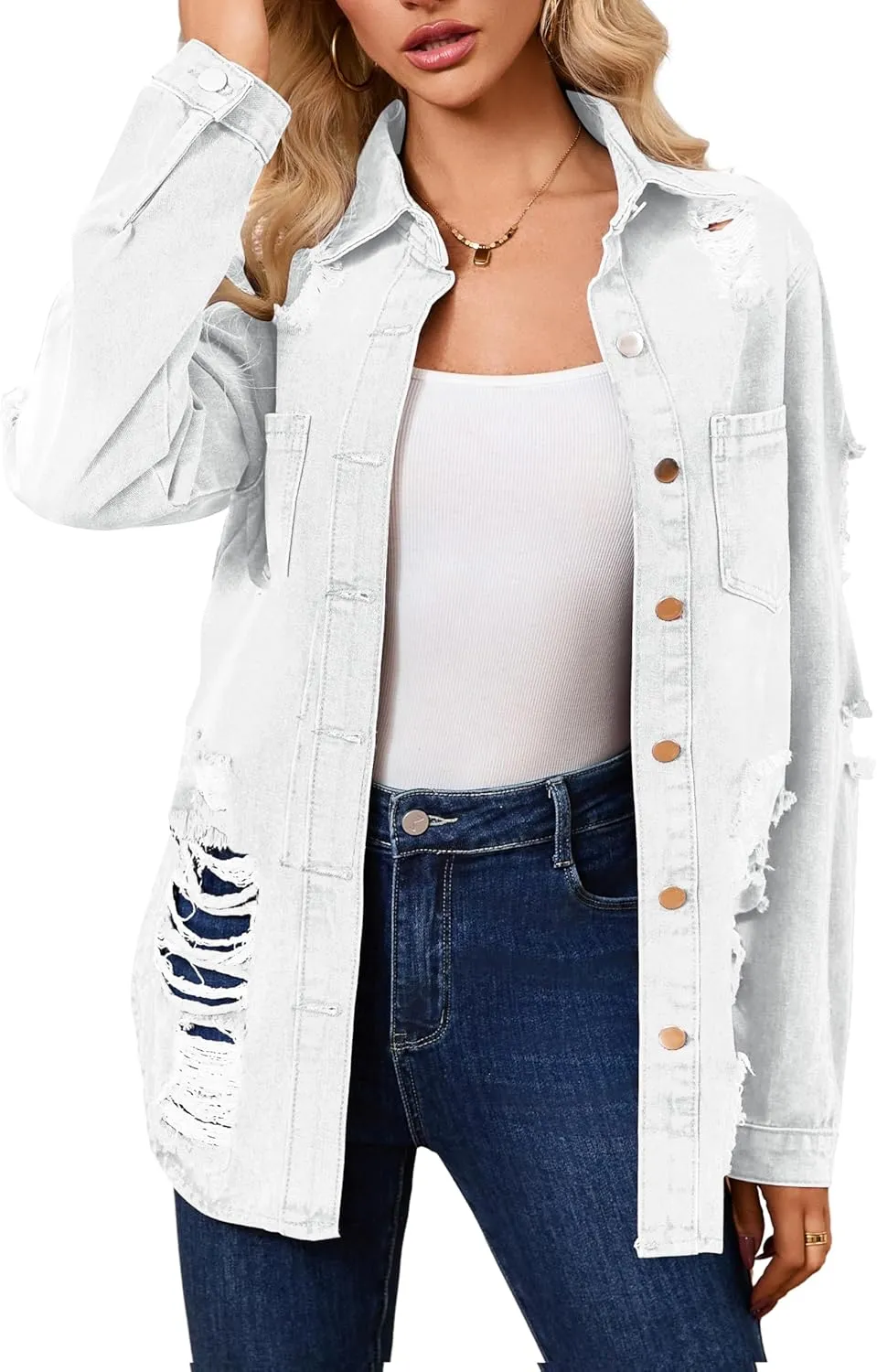 sexycherry Denim Jacket for Women Long Sleeve Classic Trucker Jeans Long Coat Outwear with Pockets
