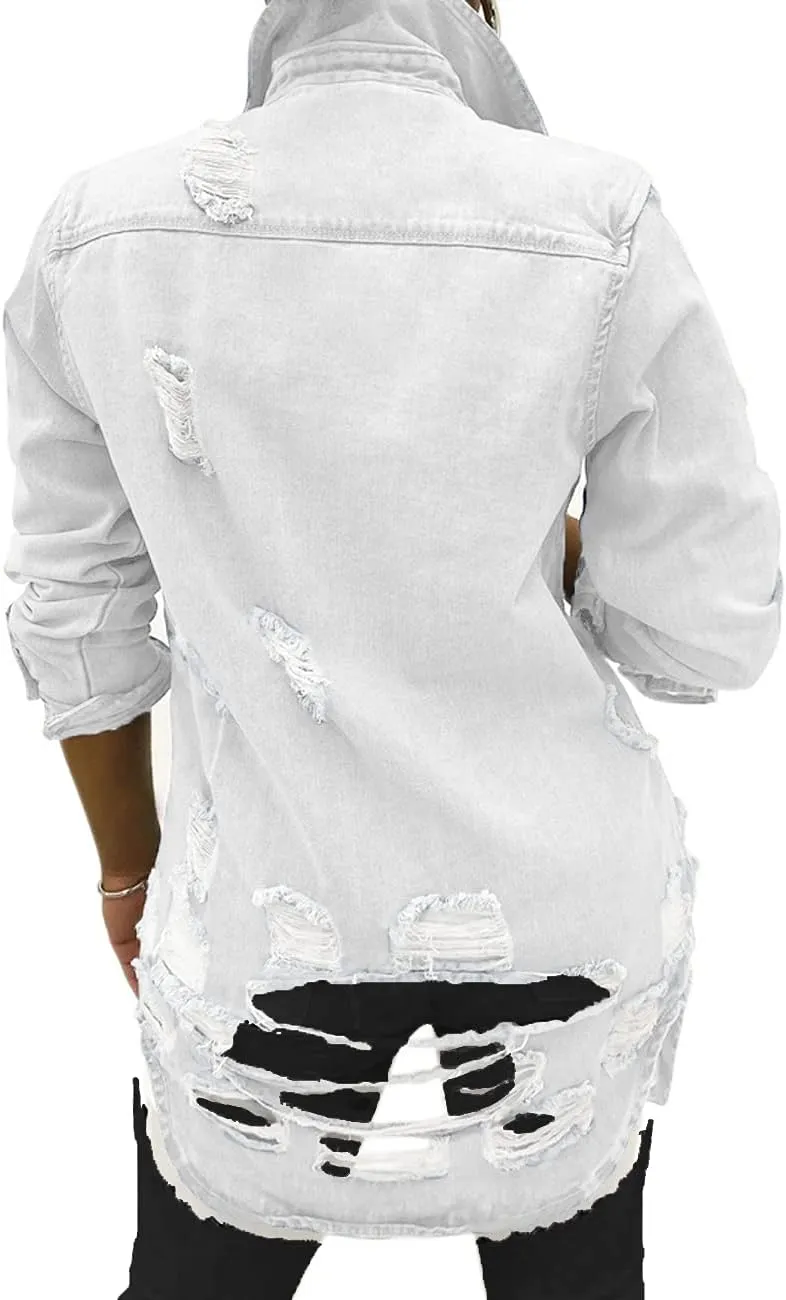 sexycherry Denim Jacket for Women Long Sleeve Classic Trucker Jeans Long Coat Outwear with Pockets