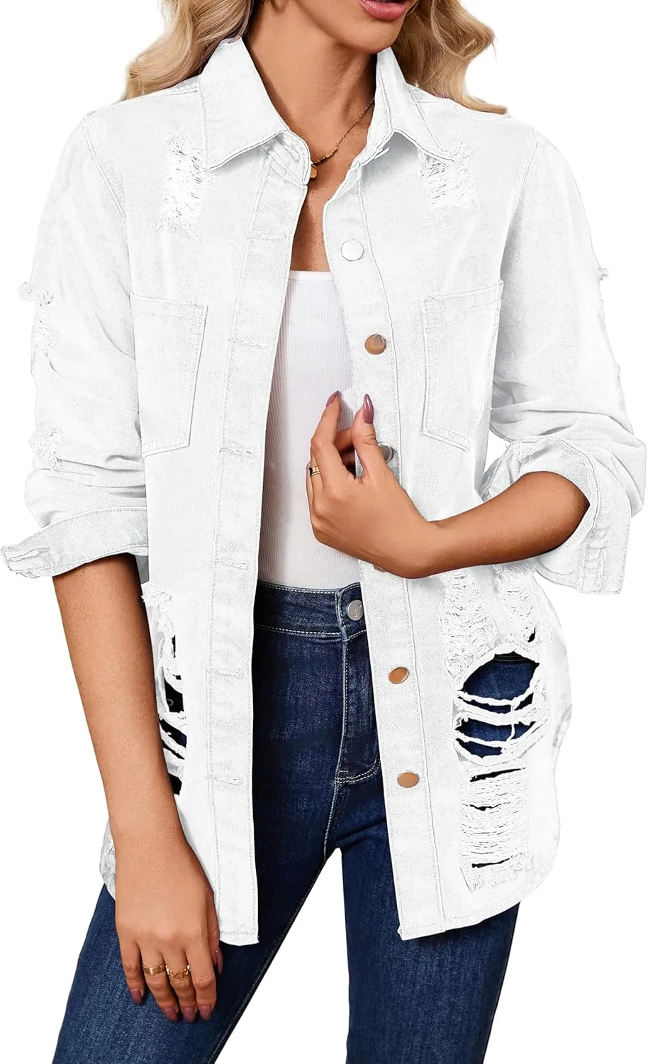 sexycherry Denim Jacket for Women Long Sleeve Classic Trucker Jeans Long Coat Outwear with Pockets