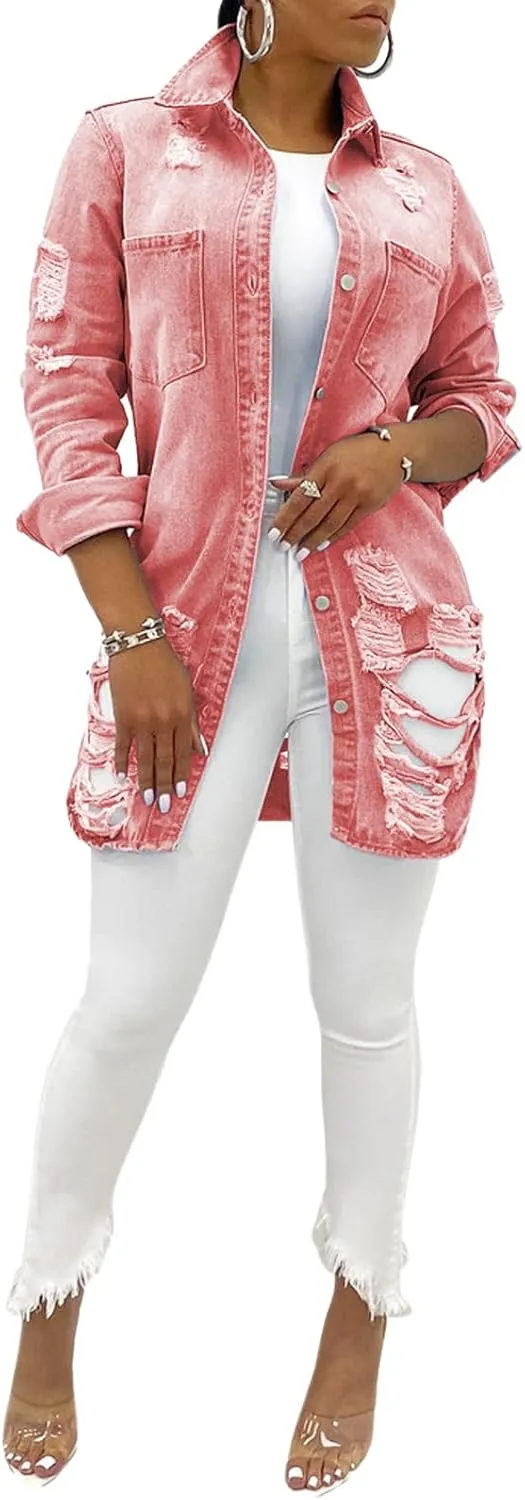 sexycherry Denim Jacket for Women Long Sleeve Classic Trucker Jeans Long Coat Outwear with Pockets