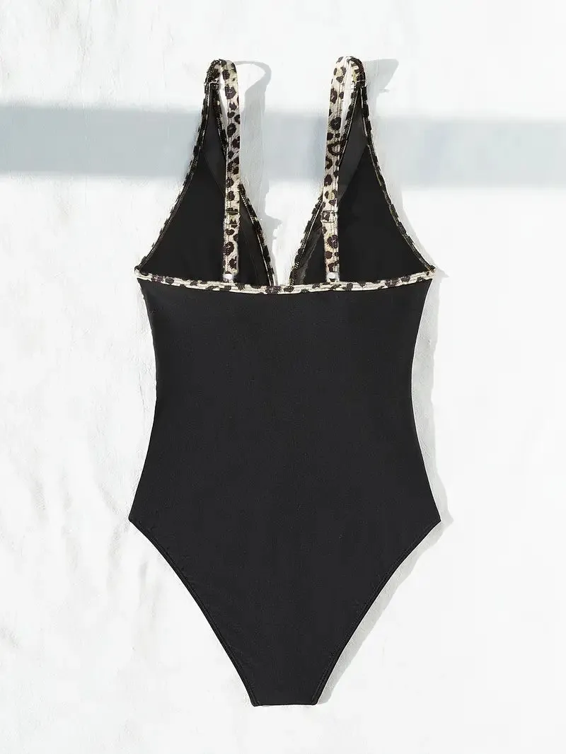 Solid Mesh Contrast One Piece Swimsuit V Neck Stretchy Ruched Bathing Suits