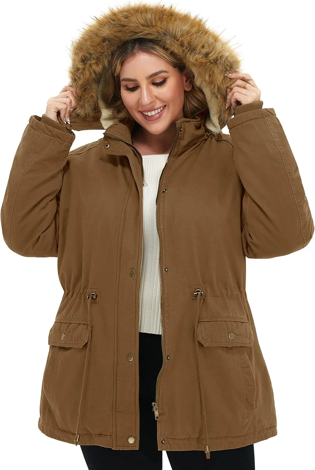 Soularge Women's Winter Plus Size Sherpa Lined Coats with Detachable Hood