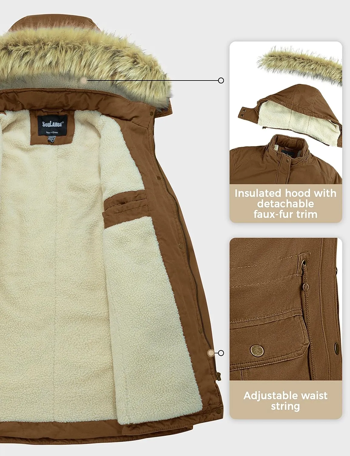 Soularge Women's Winter Plus Size Sherpa Lined Coats with Detachable Hood