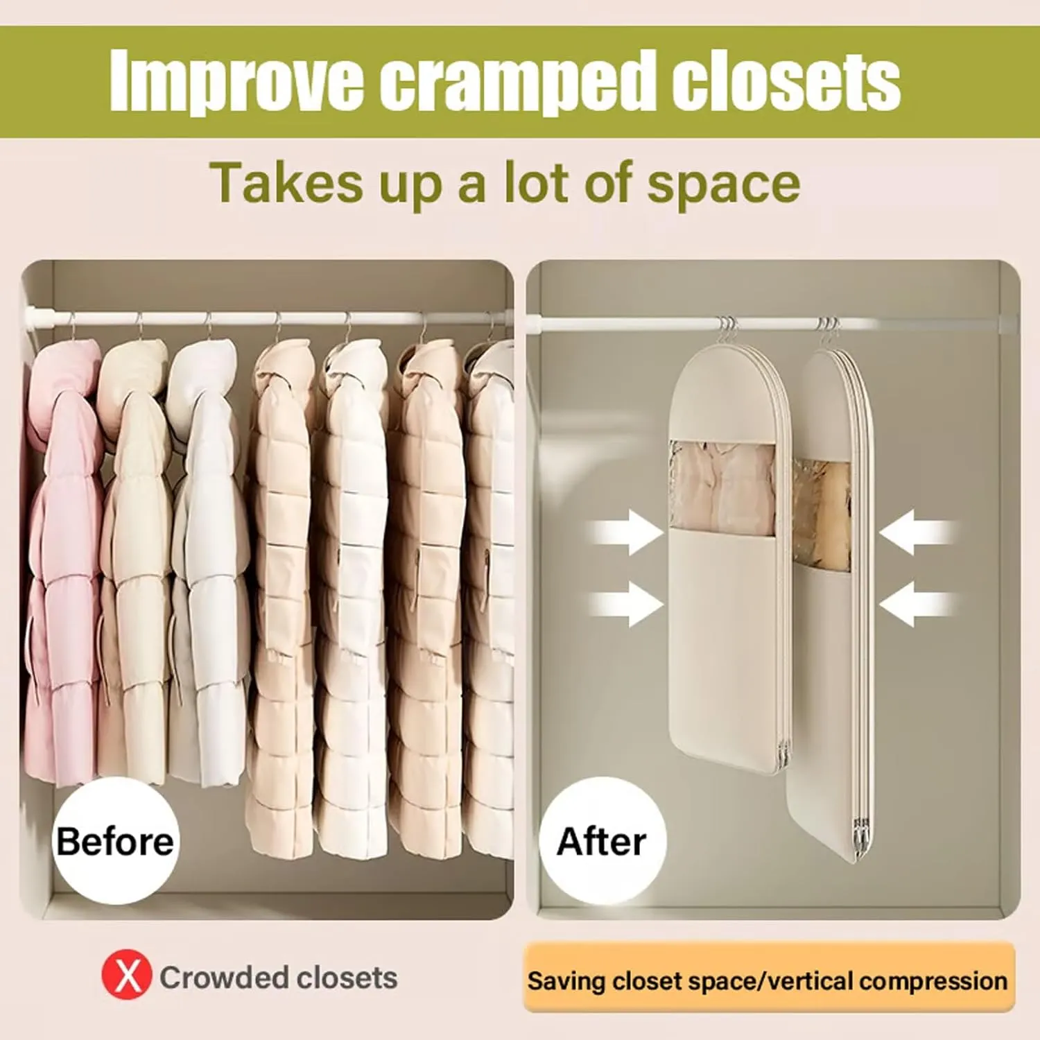 Space Saving Hanging Garment Bag with Self Compression Zipper, Space Saver Clothes Bags for Down Coat, Dust Cover Clothes Storage Bags for Wardrobe Storage & Travel, Closet Organizers (Beige, L(43))