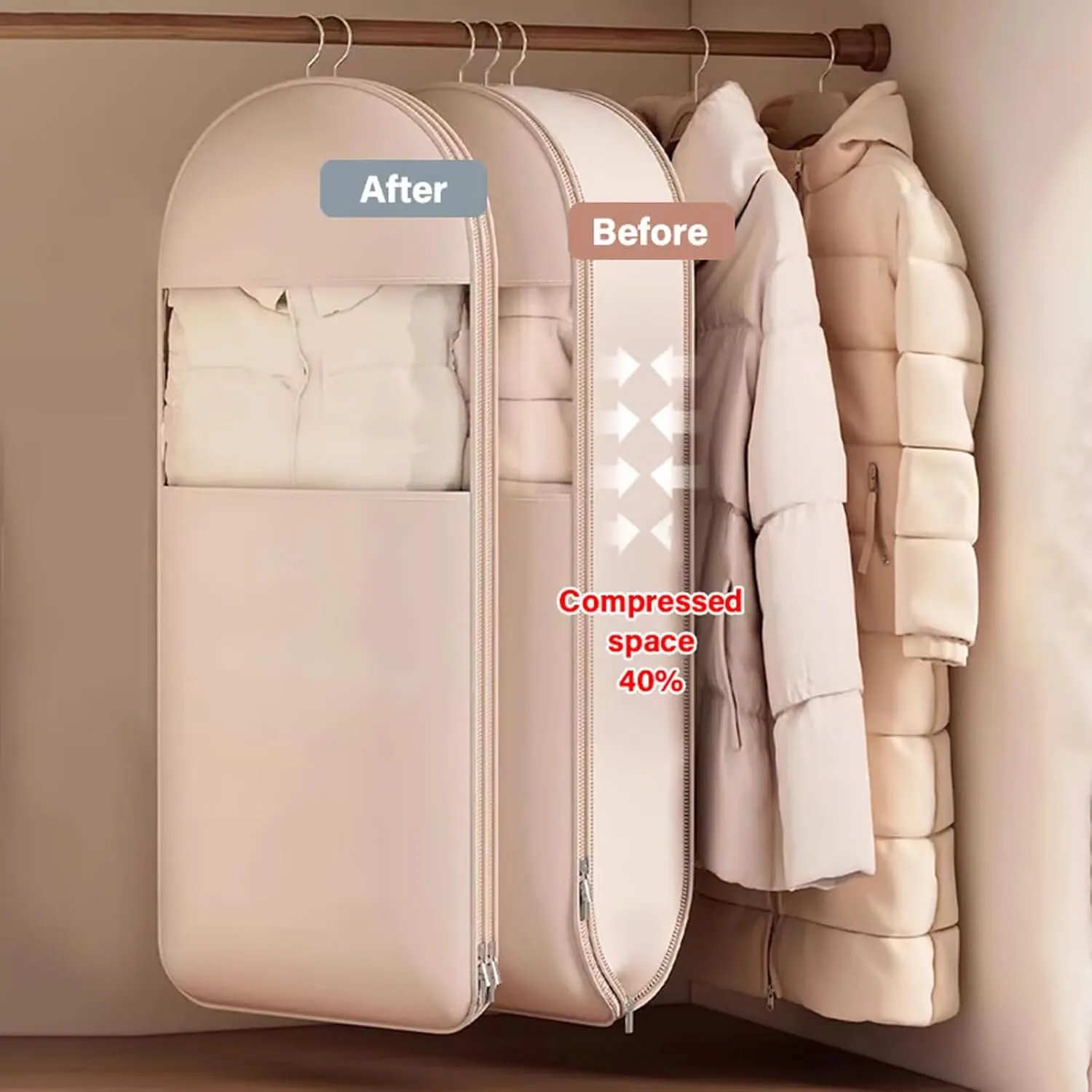 Space Saving Hanging Garment Bag with Self Compression Zipper, Space Saver Clothes Bags for Down Coat, Dust Cover Clothes Storage Bags for Wardrobe Storage & Travel, Closet Organizers (Beige, L(43))