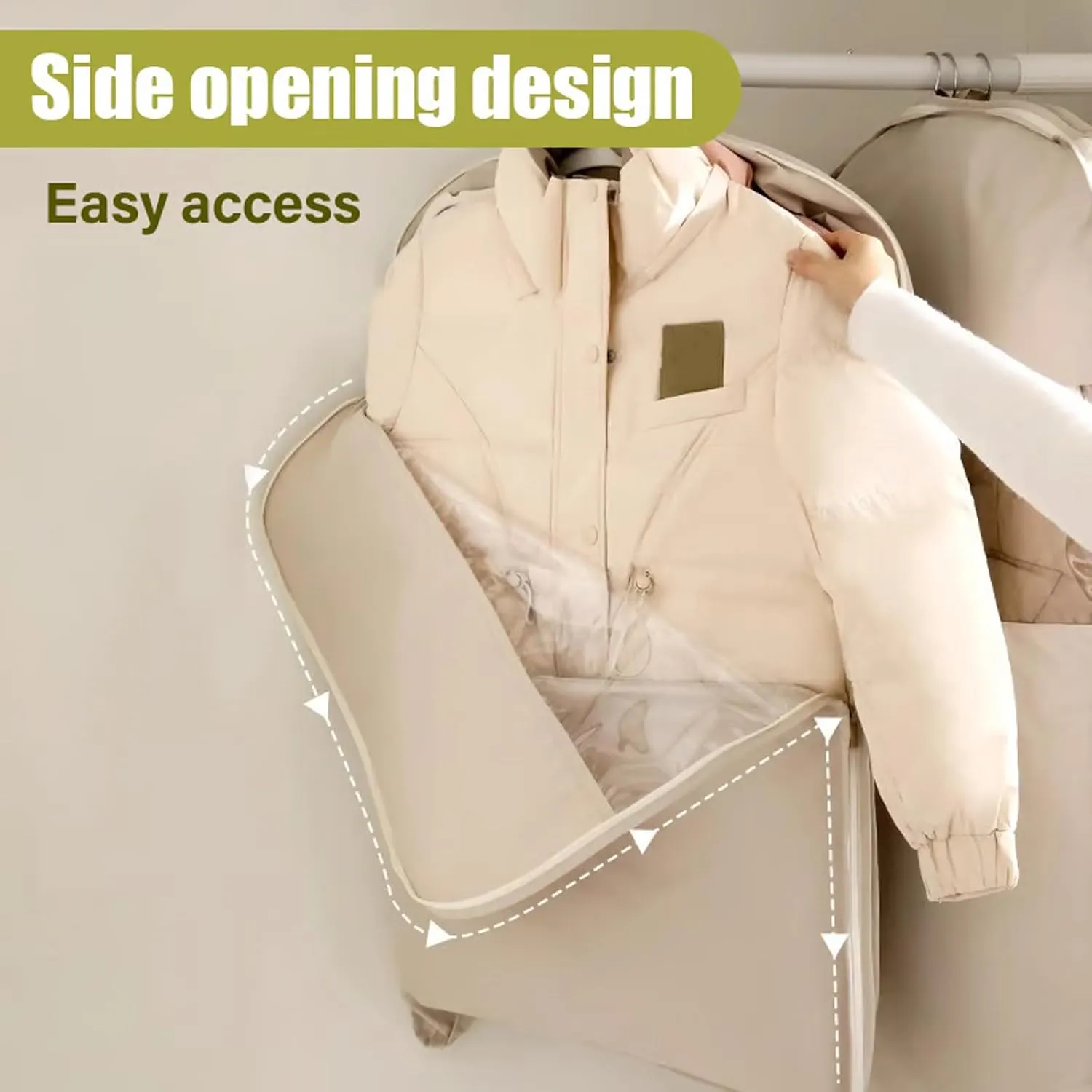 Space Saving Hanging Garment Bag with Self Compression Zipper, Space Saver Clothes Bags for Down Coat, Dust Cover Clothes Storage Bags for Wardrobe Storage & Travel, Closet Organizers (Beige, L(43))