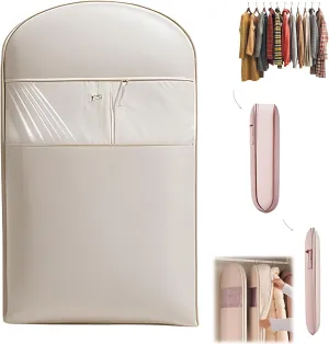 Space Saving Hanging Garment Bag with Self Compression Zipper, Space Saver Clothes Bags for Down Coat, Dust Cover Clothes Storage Bags for Wardrobe Storage & Travel, Closet Organizers (Beige, L(43))