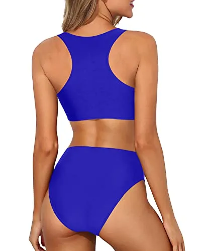 Sporty High Waisted Two Piece Bikini Set For Women-Royal Blue