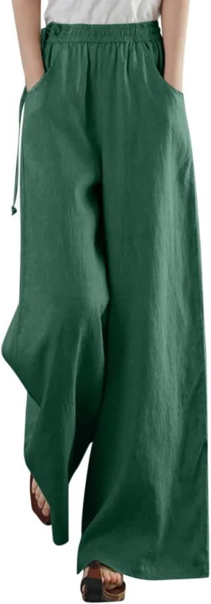 Spring Linen Pants for Women Casual Baggy Pants with Pockets Summer Comfy Wide Leg Trousers Boho Lounge Palazzo Pant