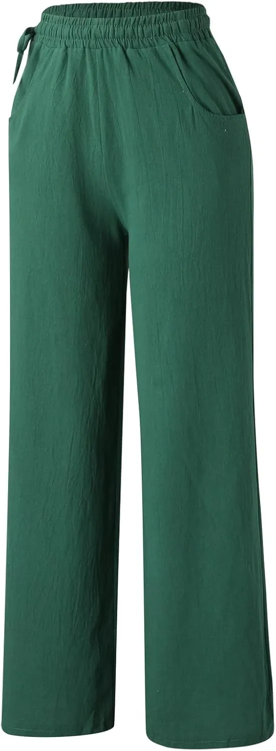 Spring Linen Pants for Women Casual Baggy Pants with Pockets Summer Comfy Wide Leg Trousers Boho Lounge Palazzo Pant