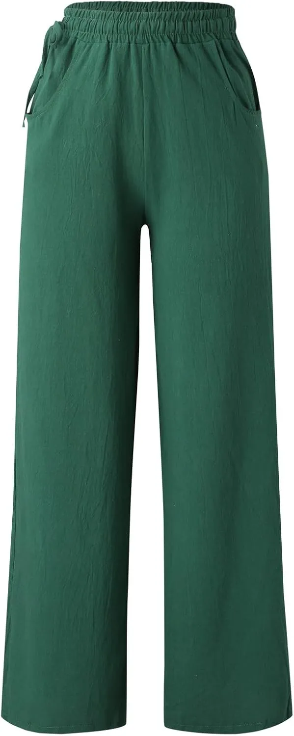 Spring Linen Pants for Women Casual Baggy Pants with Pockets Summer Comfy Wide Leg Trousers Boho Lounge Palazzo Pant