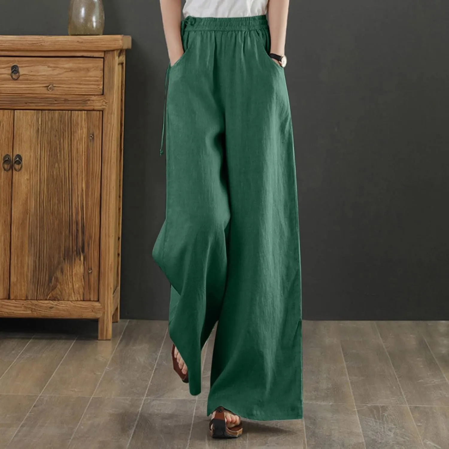 Spring Linen Pants for Women Casual Baggy Pants with Pockets Summer Comfy Wide Leg Trousers Boho Lounge Palazzo Pant