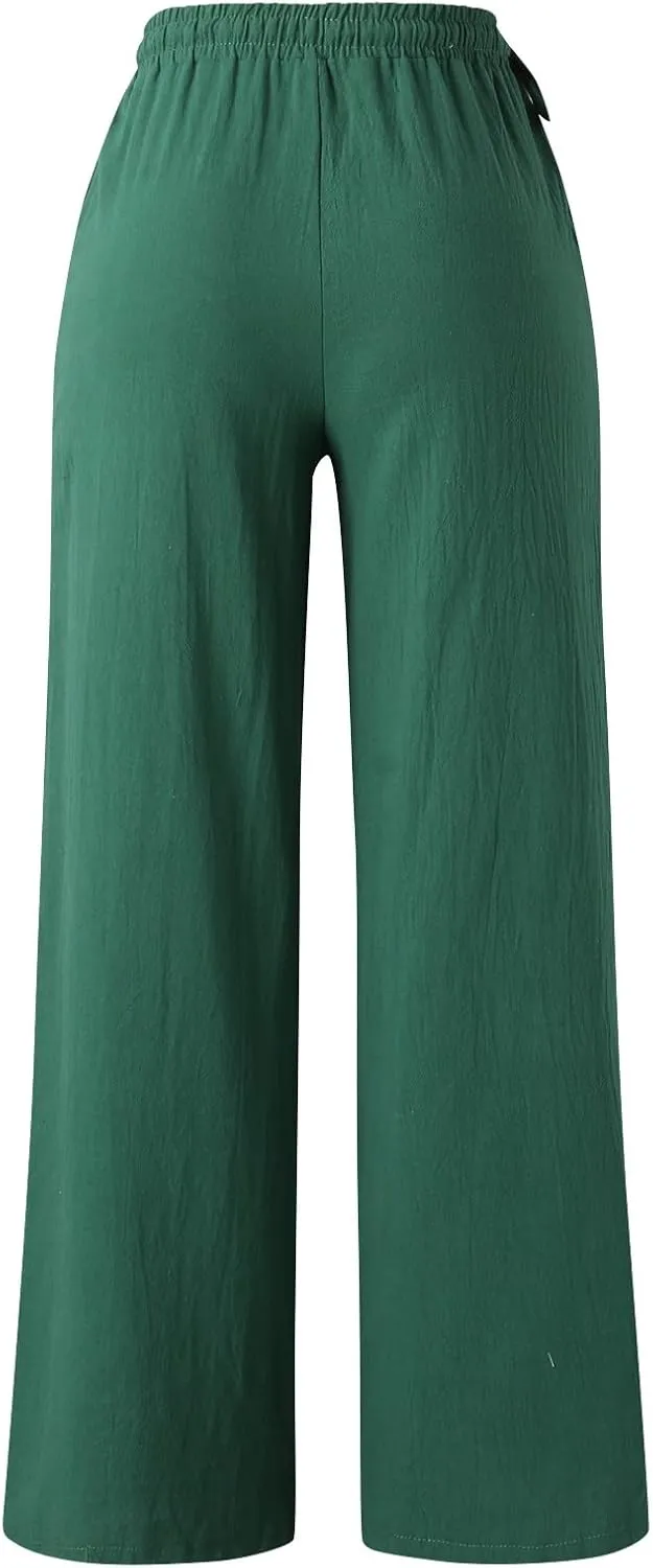 Spring Linen Pants for Women Casual Baggy Pants with Pockets Summer Comfy Wide Leg Trousers Boho Lounge Palazzo Pant
