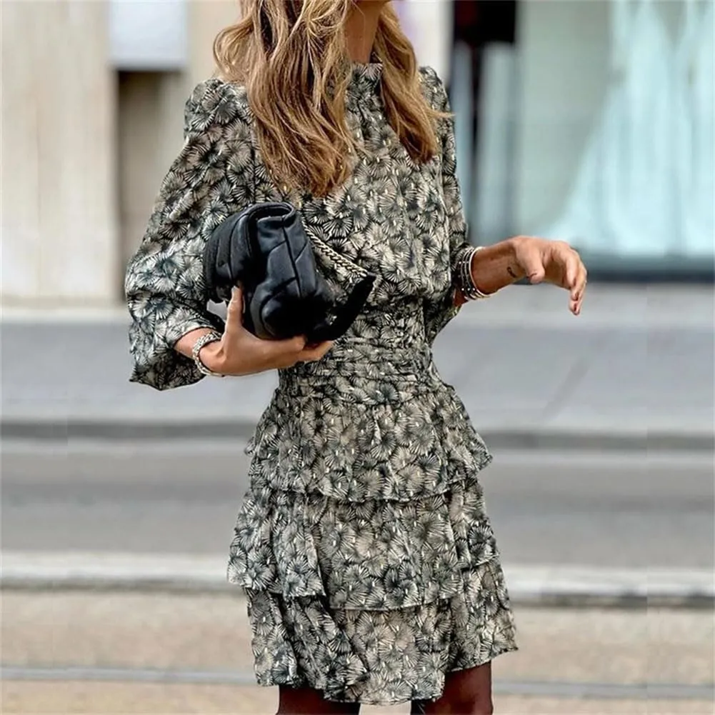 Spring Retro Floral Tunic Party Dress Women Neck Layed Ruffle A-Line Autumn Sleeve Chiffon Mini