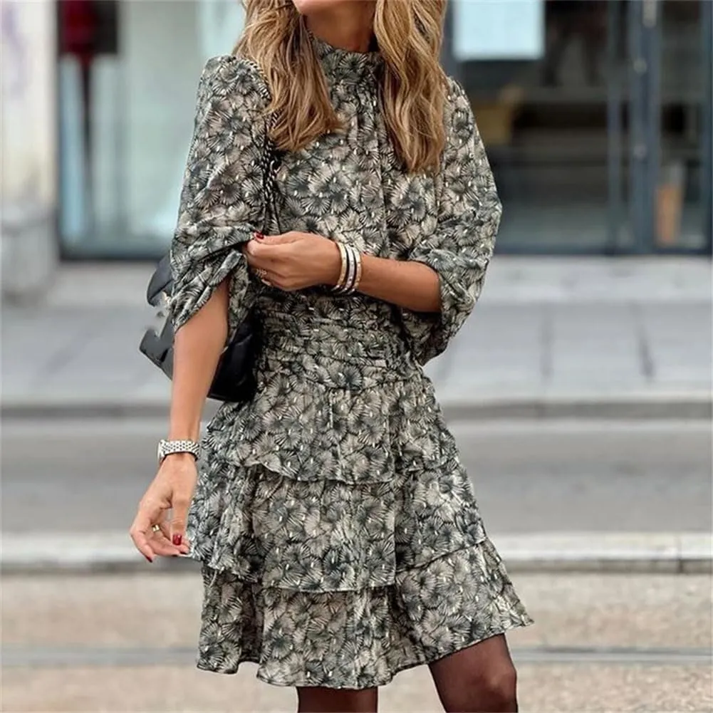 Spring Retro Floral Tunic Party Dress Women Neck Layed Ruffle A-Line Autumn Sleeve Chiffon Mini