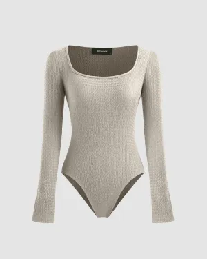 Square Neck Long Sleeve Bodysuit In Light Grey