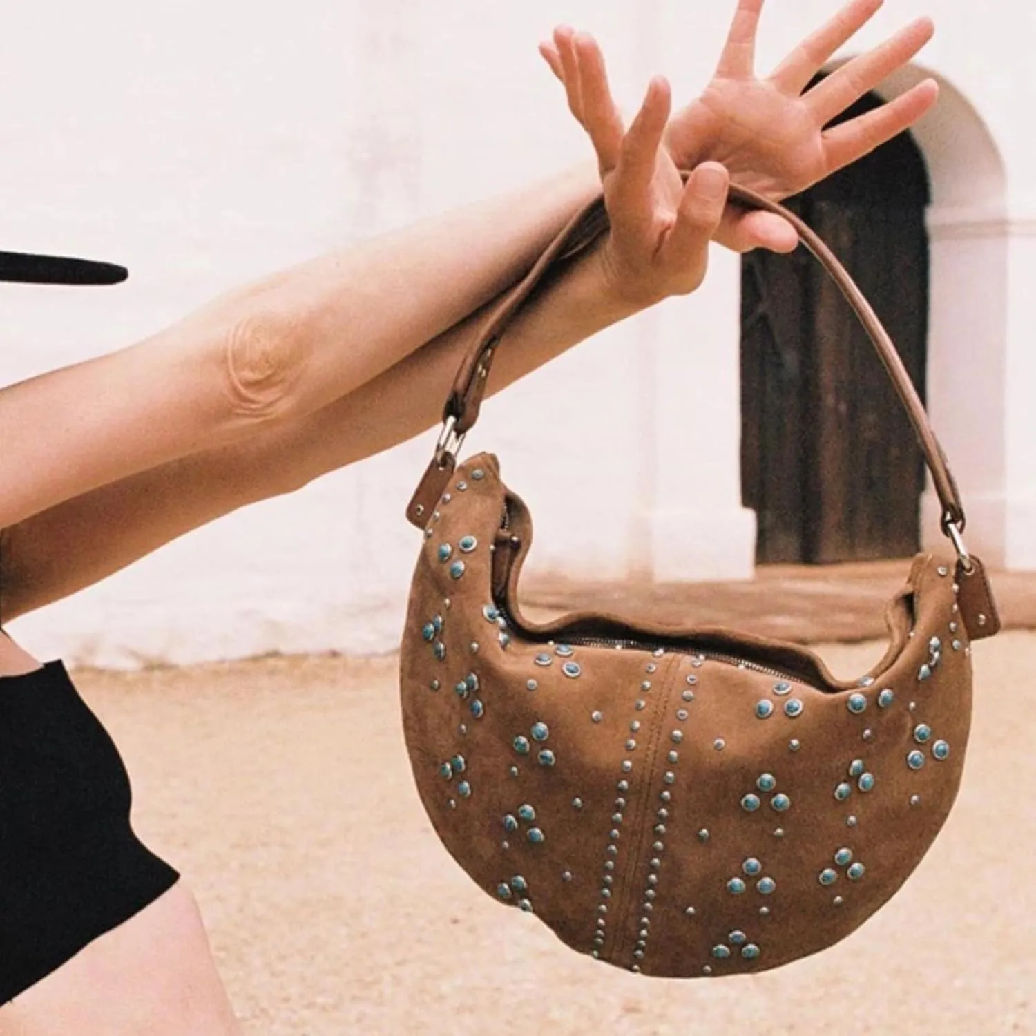 Suede Bag Boho Bag Studded Purses Brown Crescent Bag Small Hobo Purse Suede Handbag Y2k Aesthetics