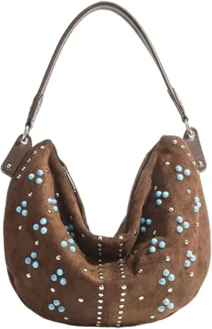 Suede Bag Boho Bag Studded Purses Brown Crescent Bag Small Hobo Purse Suede Handbag Y2k Aesthetics