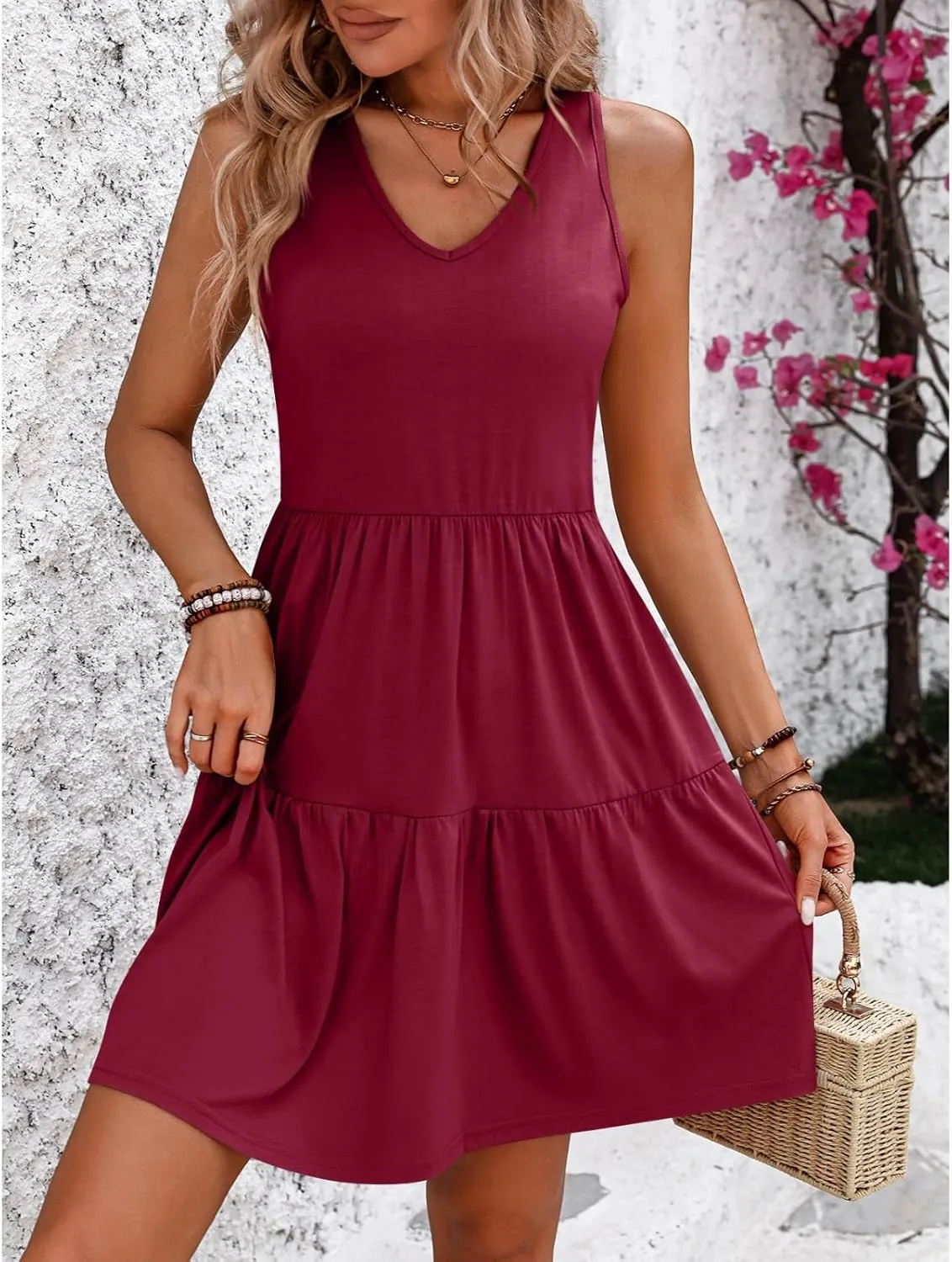 Summer Dresses for Women Casual V Neck Tank Dress Flowy Midi Dress Sleeveless Beach Dress Tiered Hem Sundresses
