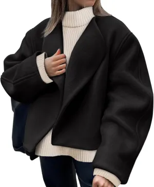 Tankaneo Womens Oversized Cropped Pea Coat Lapel Open Front Jacket Winter Short Outerwear