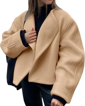 Tankaneo Womens Oversized Cropped Pea Coat Lapel Open Front Jacket Winter Short Outerwear