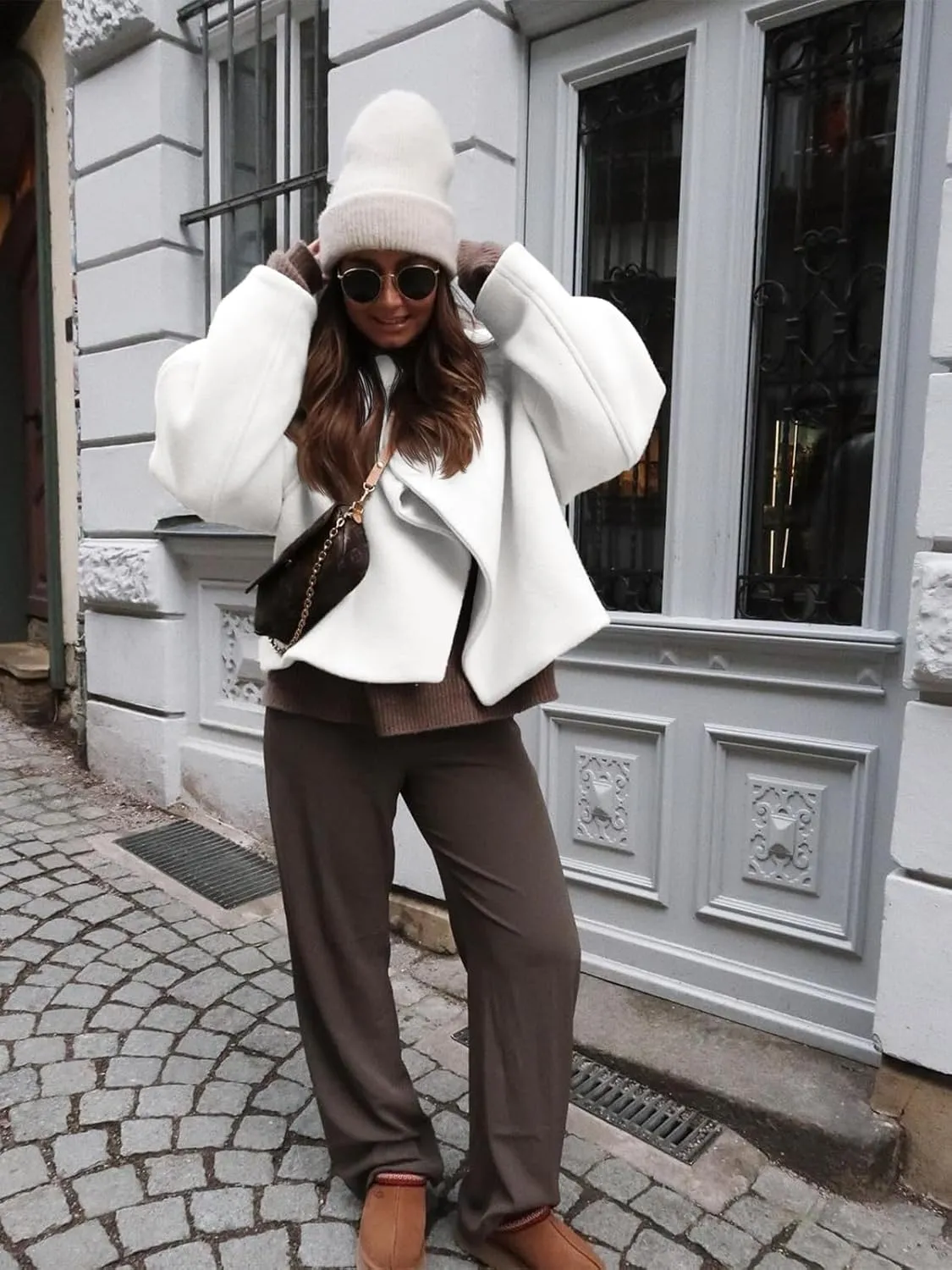 Tankaneo Womens Oversized Cropped Pea Coat Lapel Open Front Jacket Winter Short Outerwear