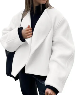 Tankaneo Womens Oversized Cropped Pea Coat Lapel Open Front Jacket Winter Short Outerwear