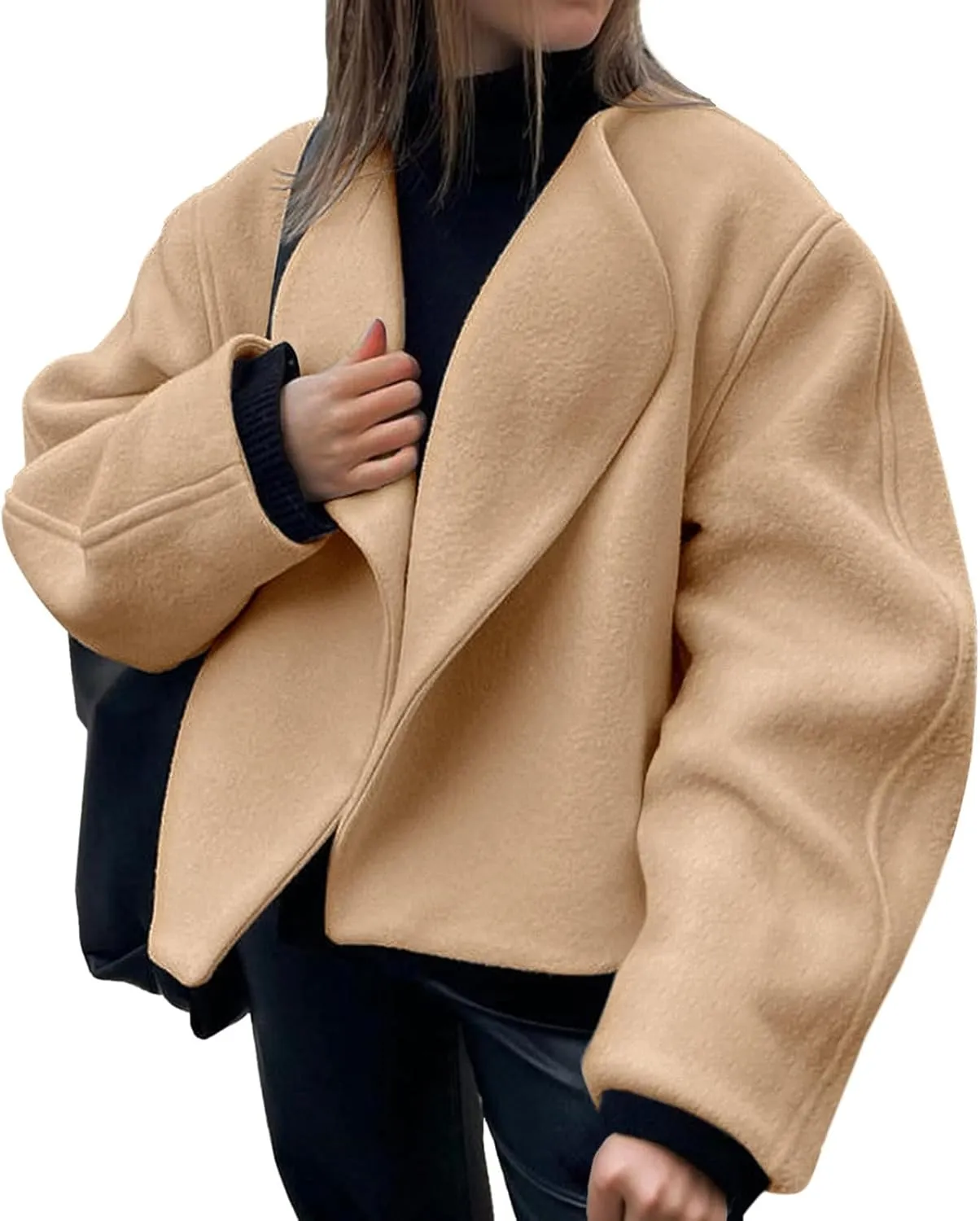 Tankaneo Womens Oversized Cropped Pea Coat Lapel Open Front Jacket Winter Short Outerwear