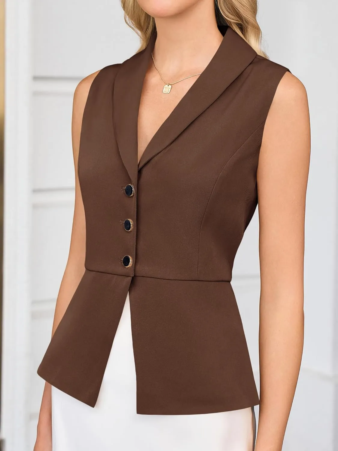 Tankaneo Womens V Neck Suit Vest Lapel Collar Button Down Sleeveless Blazer Slim Fit Work Casual Split Hem Waistcoat