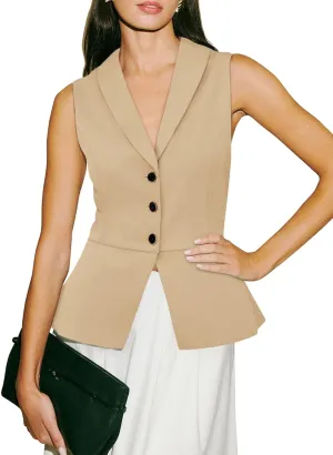Tankaneo Womens V Neck Suit Vest Lapel Collar Button Down Sleeveless Blazer Slim Fit Work Casual Split Hem Waistcoat