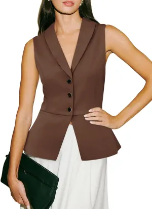 Tankaneo Womens V Neck Suit Vest Lapel Collar Button Down Sleeveless Blazer Slim Fit Work Casual Split Hem Waistcoat
