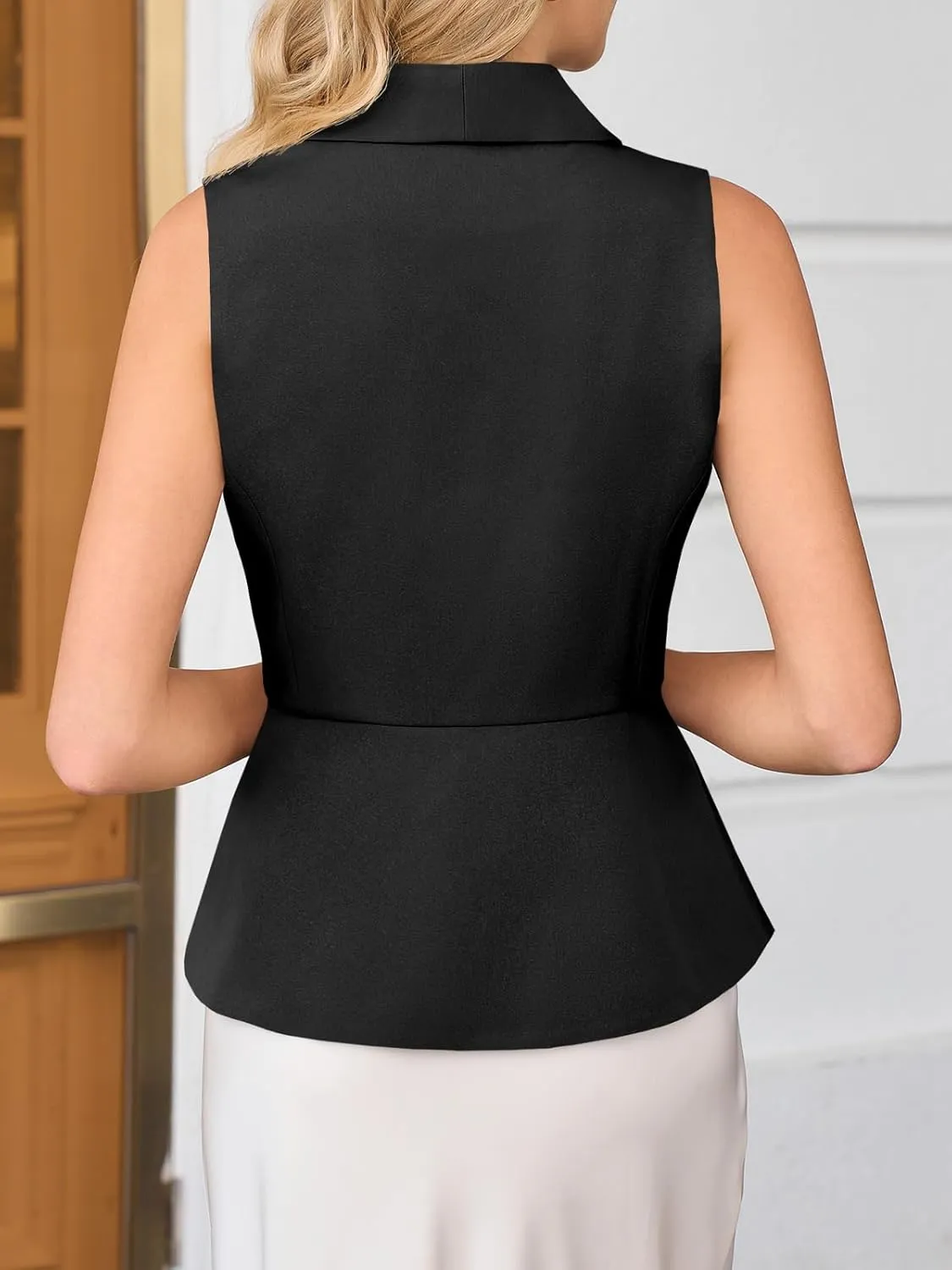 Tankaneo Womens V Neck Suit Vest Lapel Collar Button Down Sleeveless Blazer Slim Fit Work Casual Split Hem Waistcoat