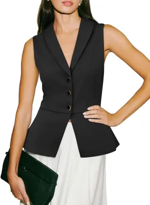 Tankaneo Womens V Neck Suit Vest Lapel Collar Button Down Sleeveless Blazer Slim Fit Work Casual Split Hem Waistcoat