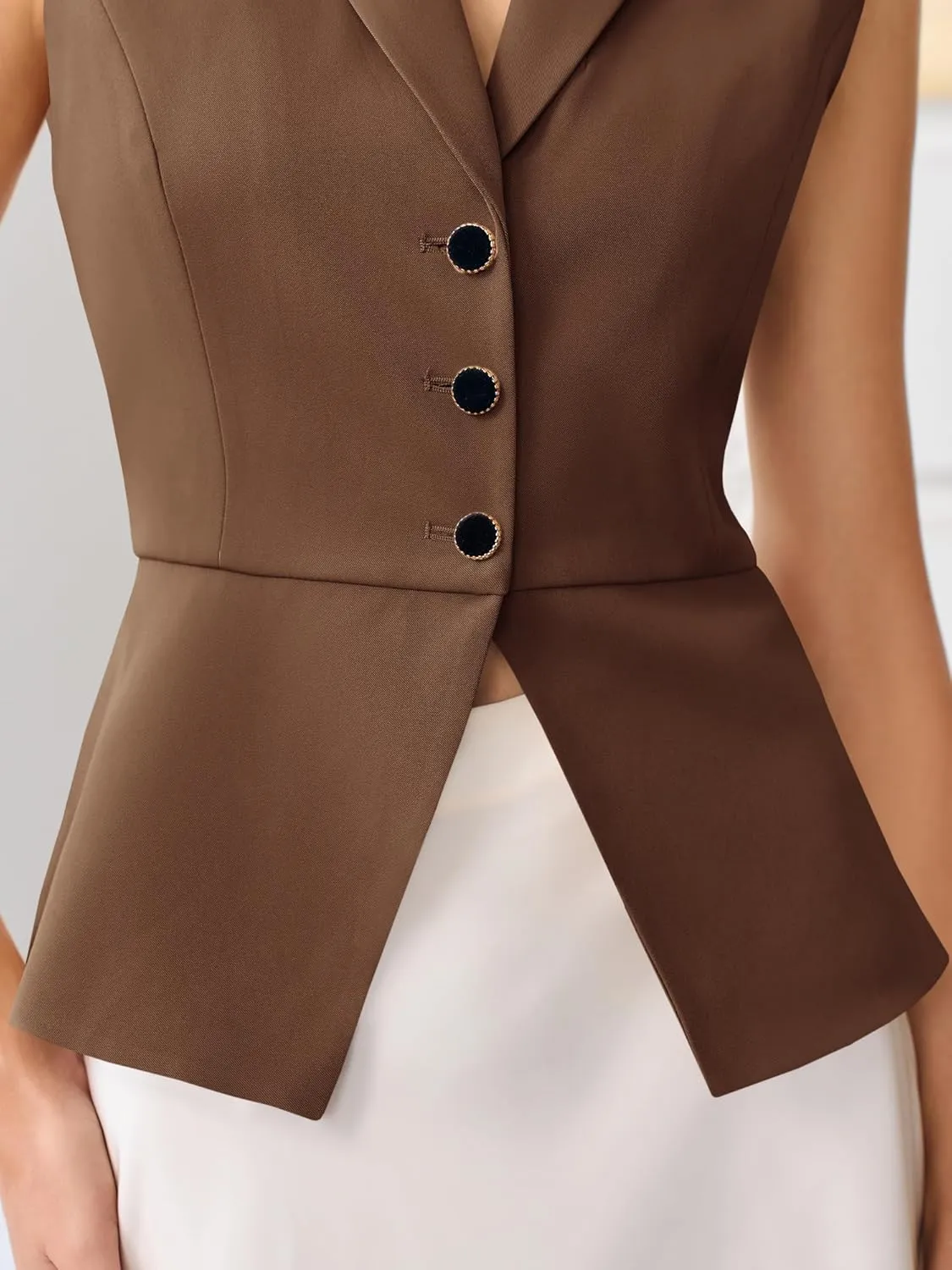 Tankaneo Womens V Neck Suit Vest Lapel Collar Button Down Sleeveless Blazer Slim Fit Work Casual Split Hem Waistcoat