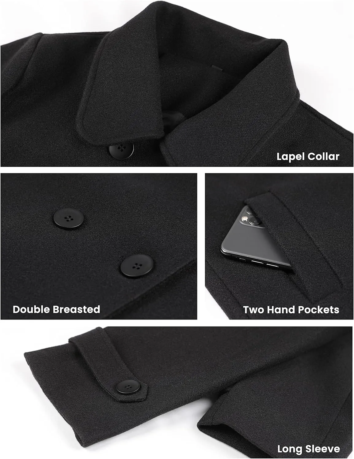Tanming Women's Winter Double Breasted Coat Black Wool Peacoat Long Sleeve Trench Coat