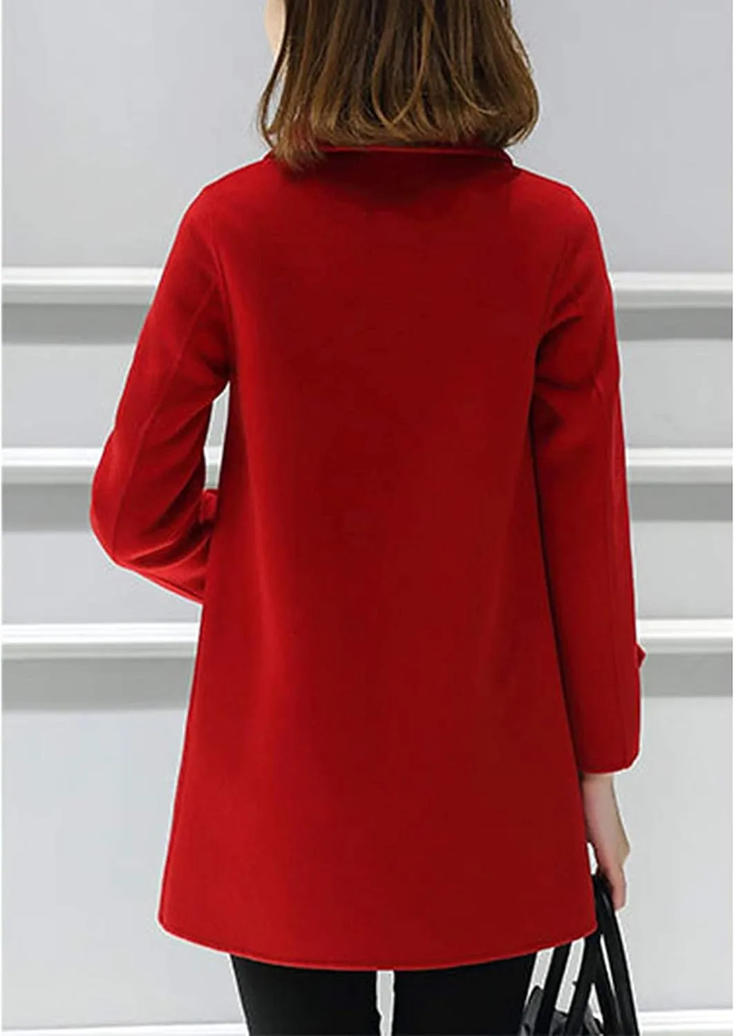 Tanming Women's Winter Double Breasted Coat Black Wool Peacoat Long Sleeve Trench Coat