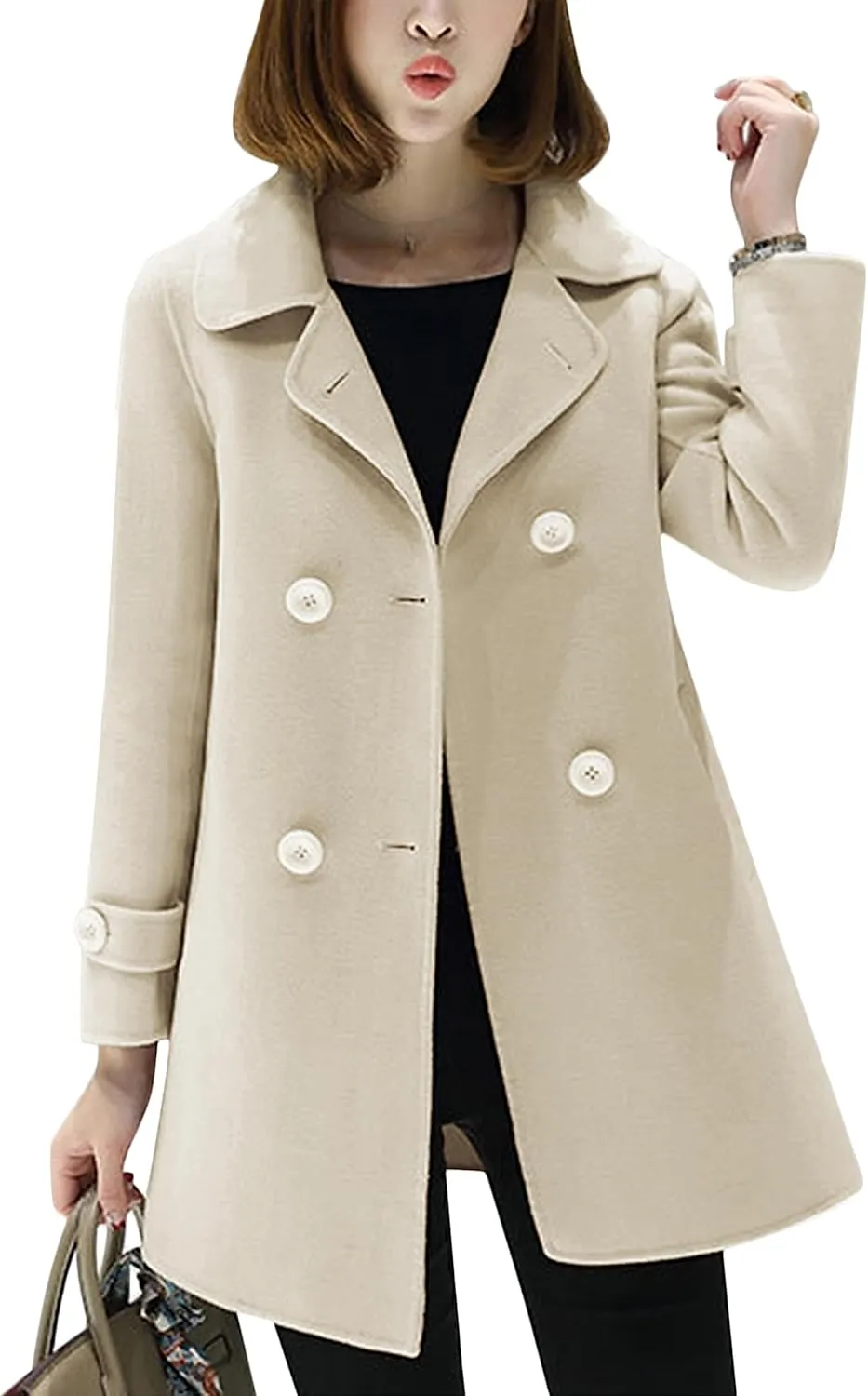Tanming Women's Winter Double Breasted Coat Black Wool Peacoat Long Sleeve Trench Coat