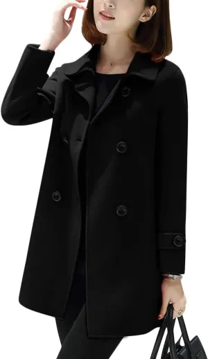 Tanming Women's Winter Double Breasted Coat Black Wool Peacoat Long Sleeve Trench Coat