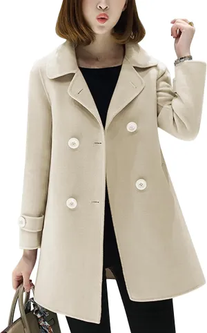 Tanming Women's Winter Double Breasted Coat Black Wool Peacoat Long Sleeve Trench Coat