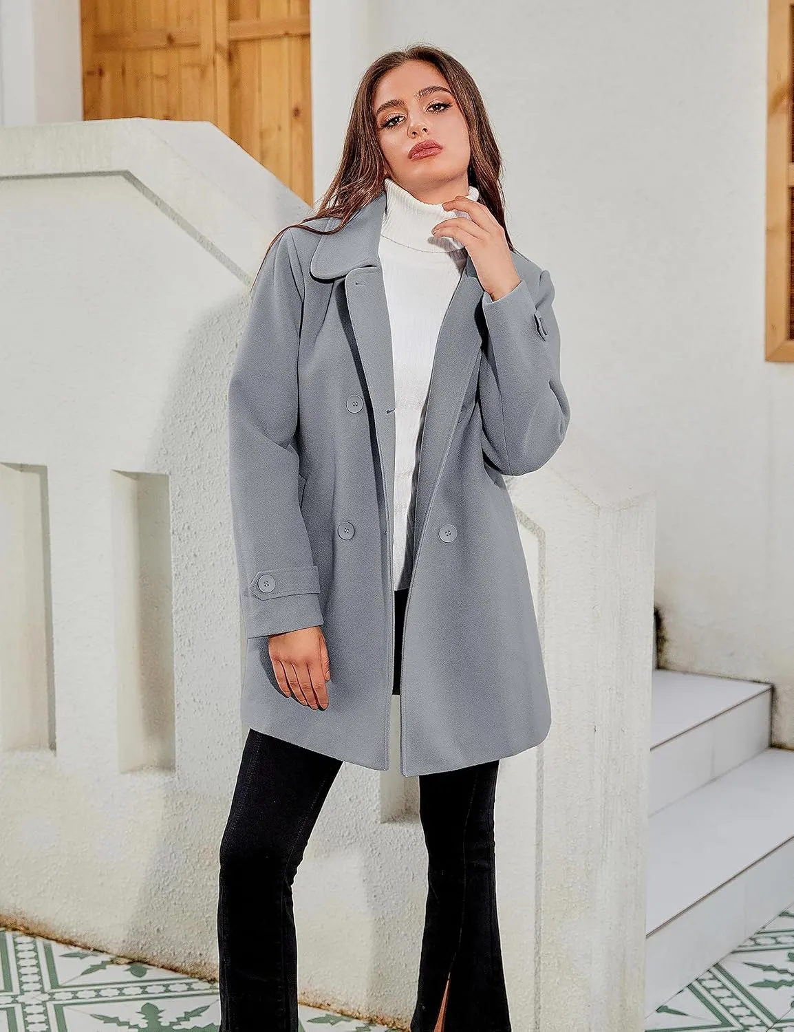 Tanming Women's Winter Double Breasted Coat Black Wool Peacoat Long Sleeve Trench Coat