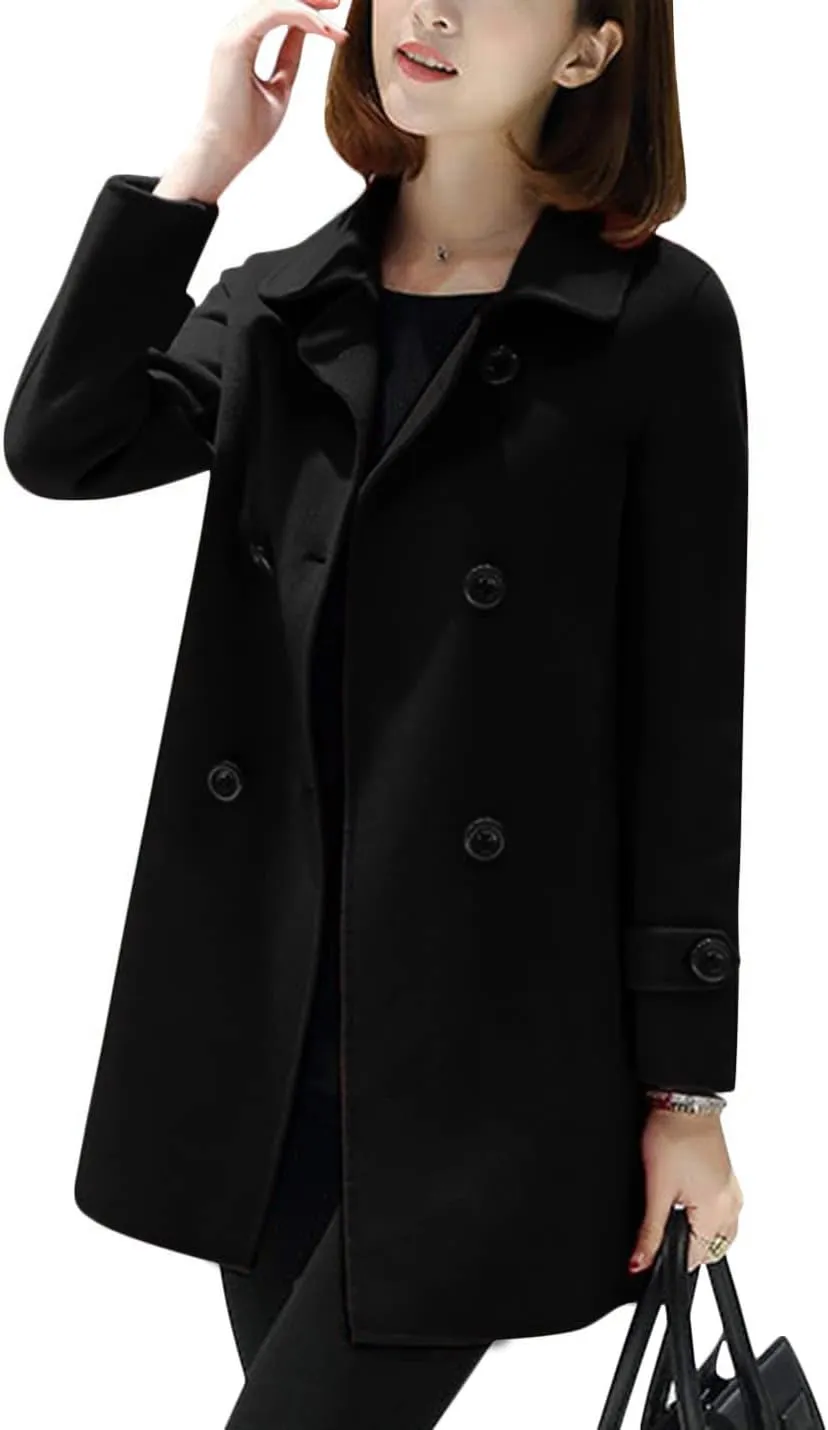 Tanming Women's Winter Double Breasted Coat Black Wool Peacoat Long Sleeve Trench Coat