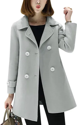 Tanming Women's Winter Double Breasted Coat Black Wool Peacoat Long Sleeve Trench Coat