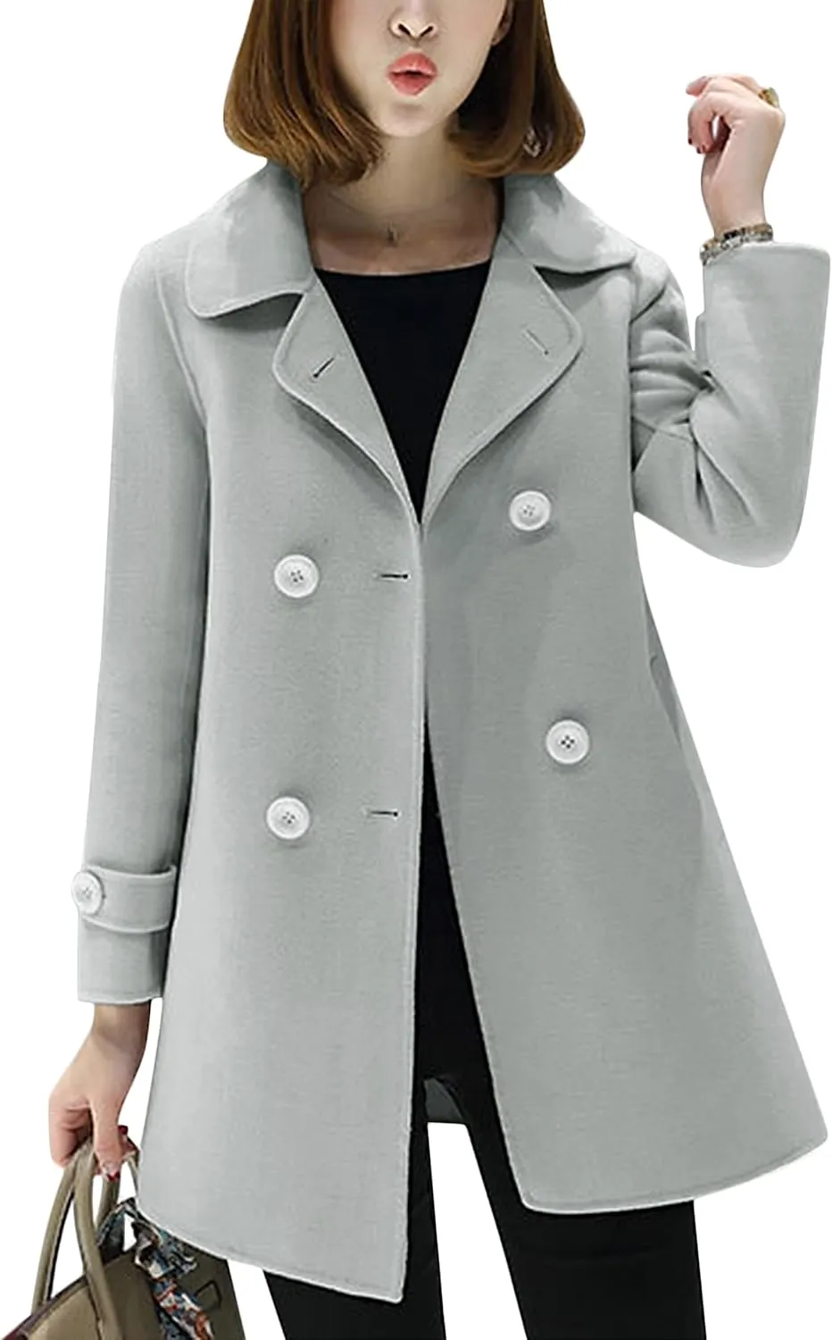 Tanming Women's Winter Double Breasted Coat Black Wool Peacoat Long Sleeve Trench Coat