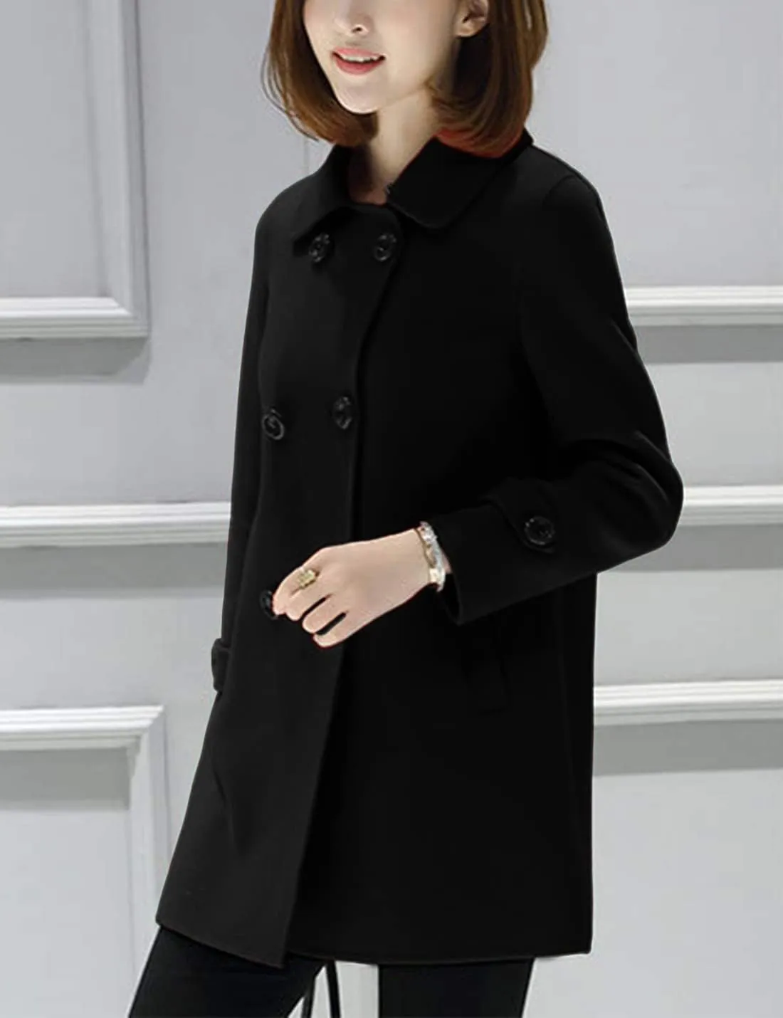 Tanming Women's Winter Double Breasted Coat Black Wool Peacoat Long Sleeve Trench Coat
