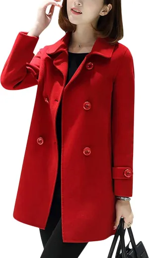 Tanming Women's Winter Double Breasted Coat Black Wool Peacoat Long Sleeve Trench Coat